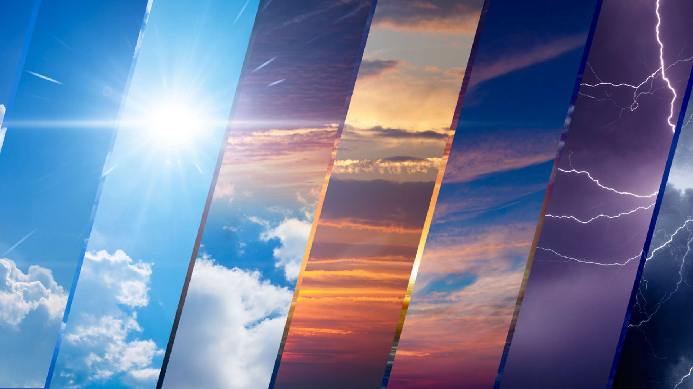 compilation of images of different types of weather like sun and rain separated by diagonal lines